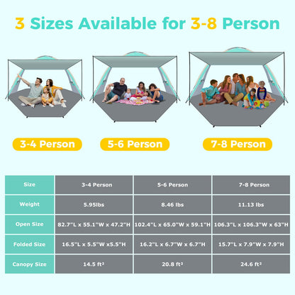 Gorich Beach Tent with Canopy - Easy Setup 3-4/5-6/7-8 Person Portable Sun Shelter, UPF 50+ UV Protection Sun Shade, Lightweight & Compact Beach Cabana for Family Travel