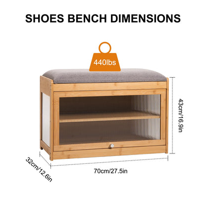 ZHUMUJIAJU Bamboo Shoe Storage Bench with Seat Cushion for Entryway, 27" Farmhouse Small Shoe Rack with Hidden Flip-Top Storage & Dustproof Acrylic Door, 2-Tier Narrow Shoe Cabinet Organizer, Natural
