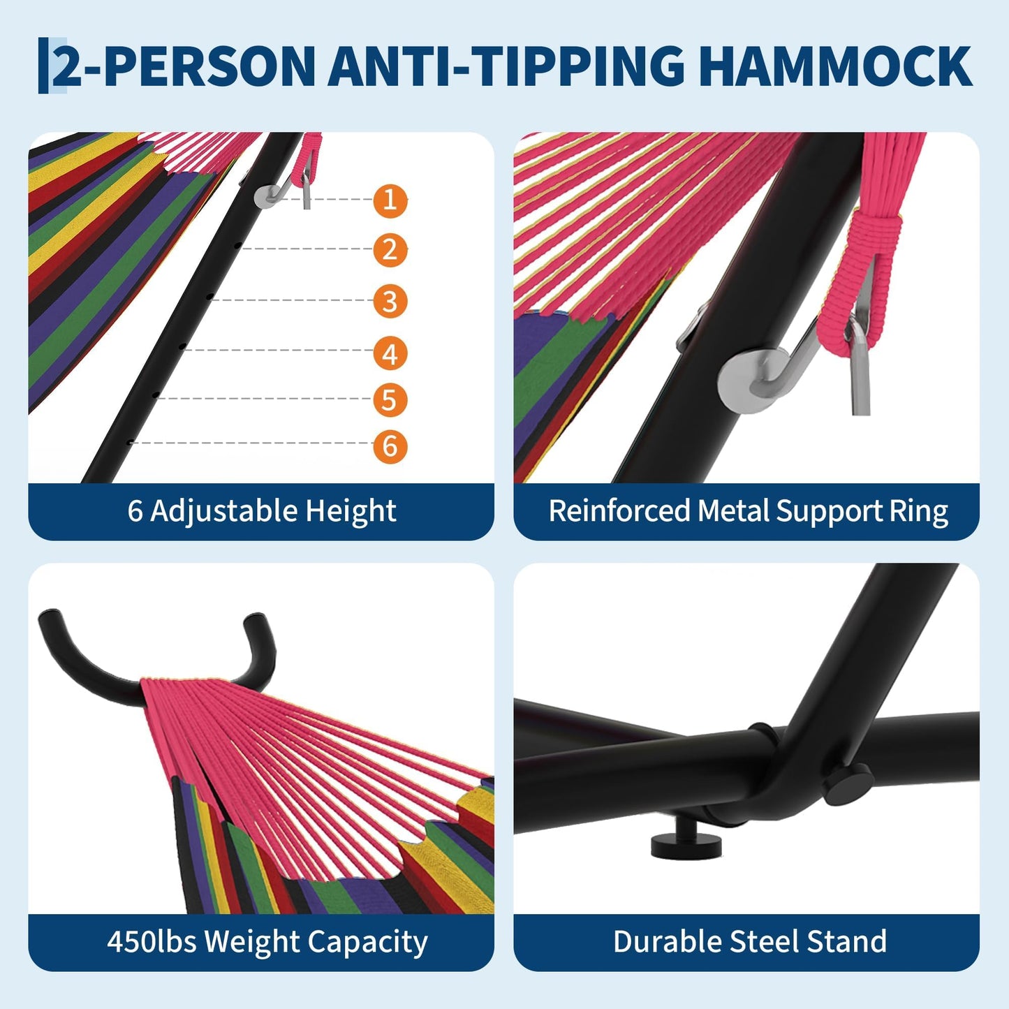 Hammock Chair Outdoor with Stand - Heavy Duty 500LB Capacity Portable Hanging Swing Chair for Patio, Garden, Backyard, Camping -Polyester Blend with Adjustable Steel Frame & Carry Bag