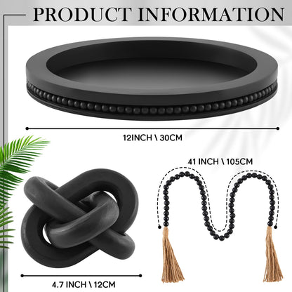 3 Pcs Coffee Table Decor Include 12in Black Wooden Serving Tray, Wood Boho Knot Chain and Wood Bead Garland with Tassels for Coffee Table Housewarming Gift Dining Room Entryway Living Room Farmhouse