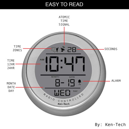 Ken-TECH T-4660 Water Resistant Suction Cup Atomic Clock, Silver