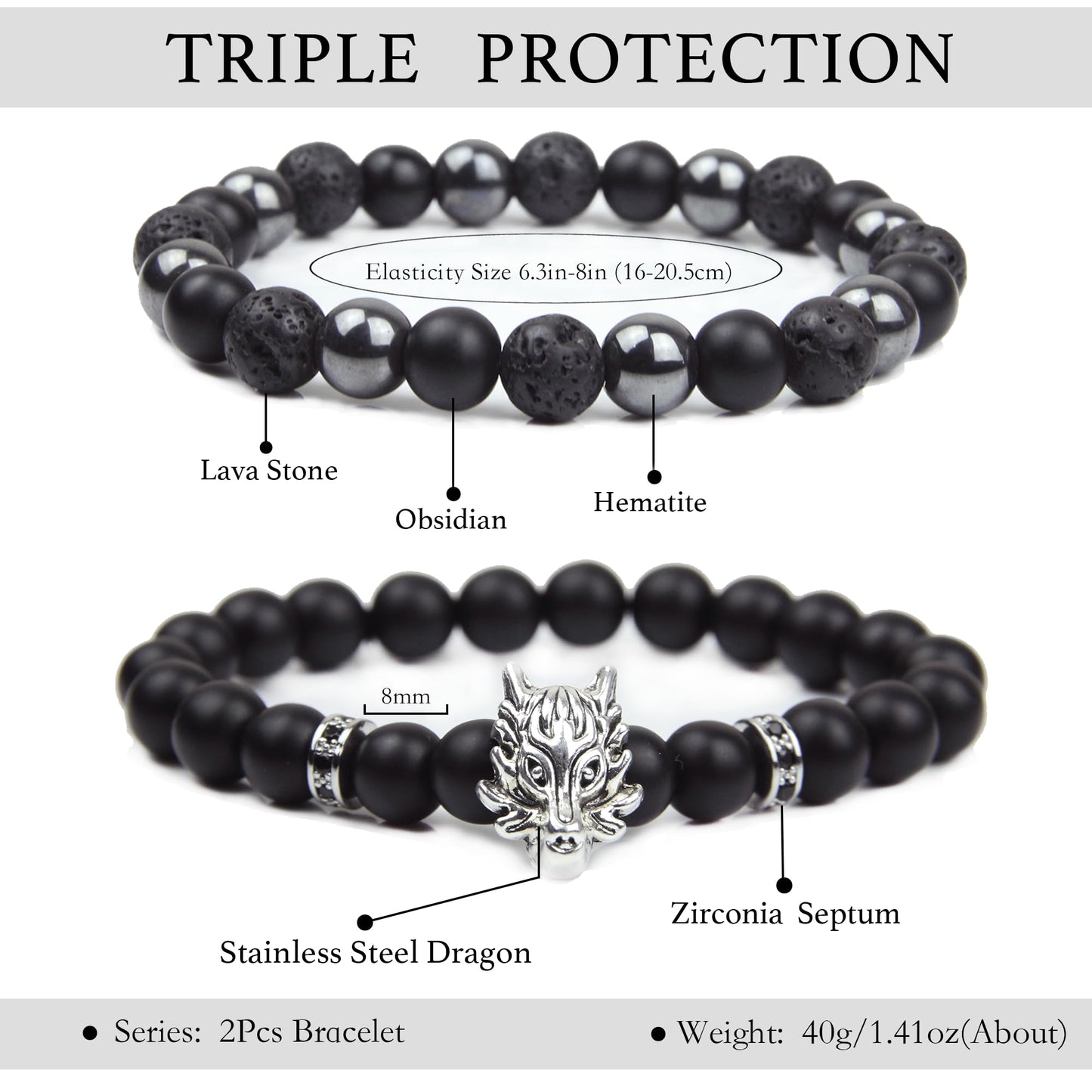 GDLKPYHS Black Obsidian Bracelets for Men - Dragon Bracelet - Tourmaline Beaded bracelets, 8MM Black Onyx Hematite Lava Stone Beads Triple Protection Bracelet for Men Women Gifts