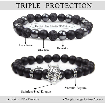 GDLKPYHS Black Obsidian Bracelets for Men - Dragon Bracelet - Tourmaline Beaded bracelets, 8MM Black Onyx Hematite Lava Stone Beads Triple Protection Bracelet for Men Women Gifts