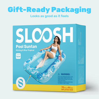 SLOOSH Misting System Inflatable Tanning Pool Lounger Float, 6 in 1 Large Mist Cooling Tanning Bed Floaties with Pillow & Cup Holders, 70" x 46" Blow Up Suntan Lounge Raft Beach Backyard Adults Gifts