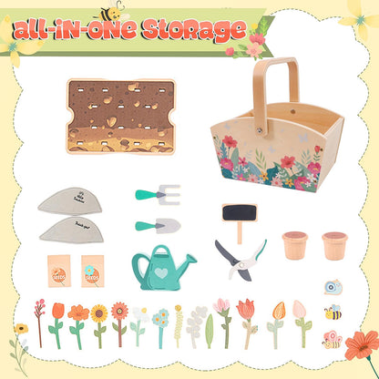Wooden Pretend Play Toy Gardening Box-30 Pieces Wood Flower & Garden Tool Sets for Toddler 3 4 5 6 Year Old,Kids Educational Learning Toy,Girls Birthday Gift