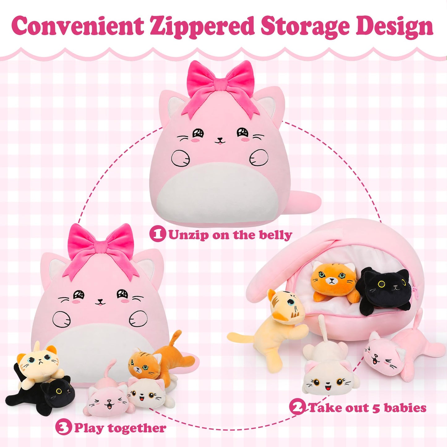Cat with 5 babies Stuffed Animals - 15 Inch Cats Mommy with Small Babies Plush Inside 6-Piece Cute Realistic Cat Plushies Machine Wash Interactive Adopt Toy Toddler Girls Boys 0-8 Kids Birthdays Gift