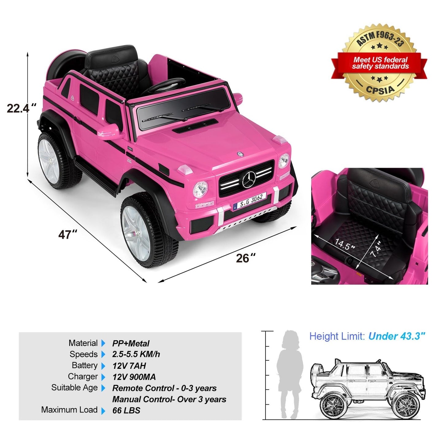 JOYLDIAS Ride On Cars, Licensed Mercedes-Benz Maybach G650S, 12V7AH Battery Powered Toy Electric Car for Kids W/LED Underglow Lights,Remote Control, 2 Motors, 3 Speeds, Music, Bluetooth,Horn,Pink