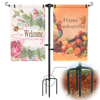 SCWN Garden Flag Stand Holder w/4-Prong Base, 3/4 Inch Extra Thick Heavy Duty Yard Flag Holder for Double Small Flags 12x18, Garden Flag Pole for Outside Patio Decor