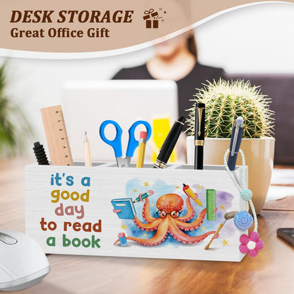 WODMIS Book Lovers Gifts Pen Pencil Holder for Desk, Book Reader Gifts, It's a Good Day to Read a Book Octopus Wooden Box Organizer Decorations for Classroom Reading Room Desk Accessories Tabletop