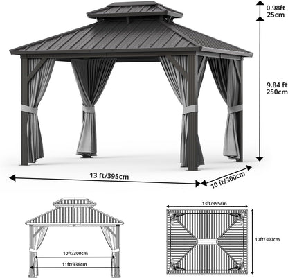 13'X10' Hardtop Gazebo, All-Weather Aluminum Frame Outdoor Canopy with Double Polycarbonate Roof, Permanent Outdoor Gazebo with Netting & Curtains for Garden, Lawns, Patio, Grey.