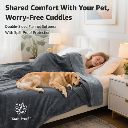 LOOBANI Waterproof Blanket for Bed: Reversible Soft Flannel Twin Bed Blanket 60" x 80", Leakproof Throw Spill-Proof Dog Pet Blanket for Couch, Sofa Protect, Movie Time, Camping, Travel, Grey