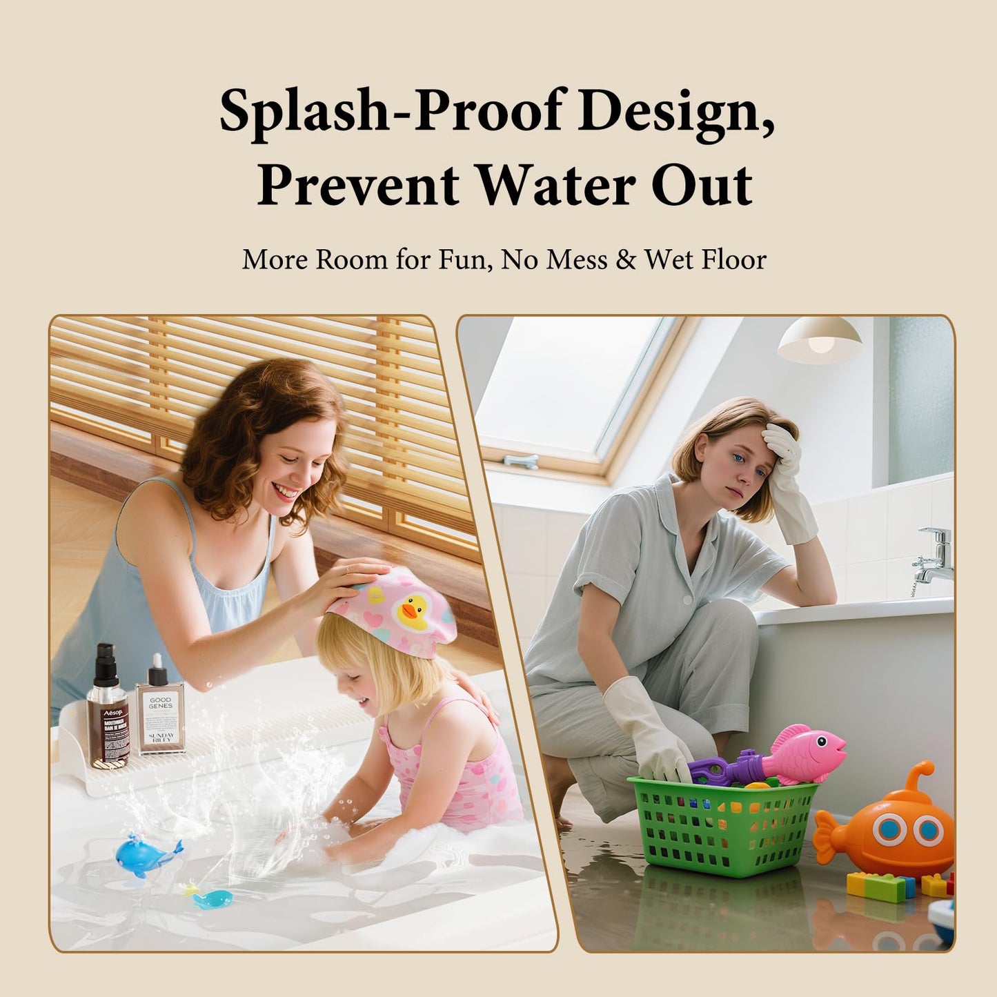 Bathtub Splash Guard, Silicone Toy Tray Holder Storage with 10 Strong Suction Cups, Bathtub Accessories Prevent Water Spill, Countertop Protectors for Tub, Bathroom Sink, Kitchen Sink 1 Pcs Gray White