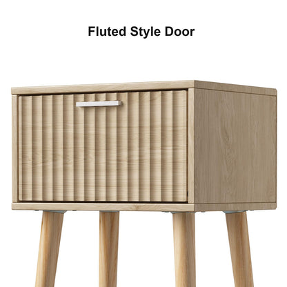 LAATOOREE Nightstands Set of 2, Small Side Table, Bedside Table with Fluted Door, Solid Wood Feet; Modern Mid-Century End Table for Bedroom, Small Space (Natural)