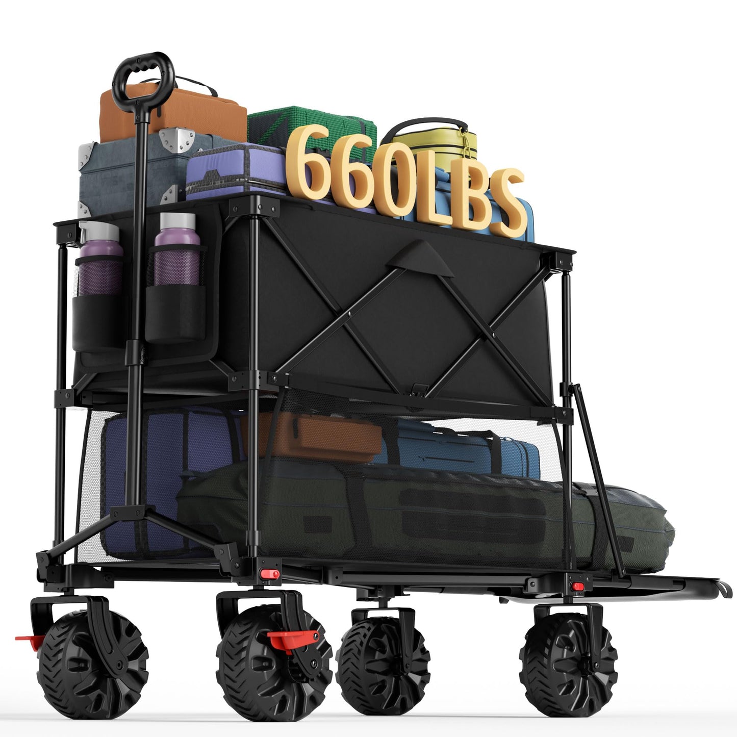 Portal Collapsible Large Double Decker Wagon with Brakes, 660lb Foldable Heavy Duty Utility Wagon Cart, 400L All-Terrain Big Wheels & 54" Extra Long Extender for Sports, Camping & Outdoor Use