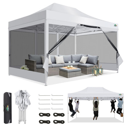 COBIZI 10x15 Canopy Tent, Heavy Duty Pop up Canopy with Sidewalls, Waterproof Easy Setup Tent with Mosquito Netting, Outdoor Instant Screen Tents for Parties, Wedding, Backyard with Carry Bag, White