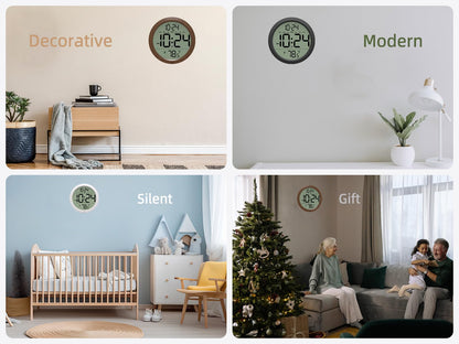 Digital Wall Clock with Date, Indoor Temperature, Auto-DST, Battery-Operated Digital Clock, 8 Inch Small Decorative Wall Clock for Bedroom, Living Room, Home, Kitchen, Office, Modern, Electric, Simple