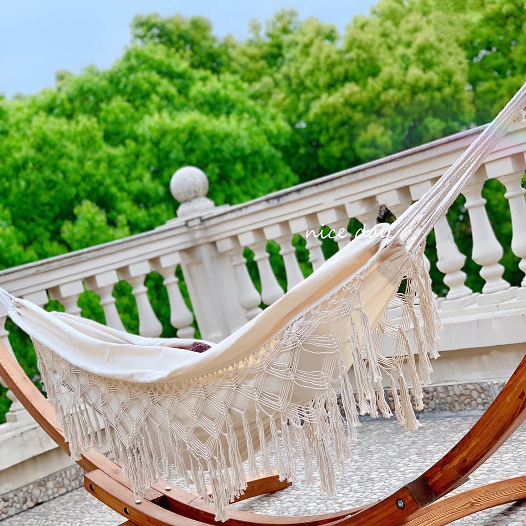Outdoor Hammock Garden Cotton Hammock Macrame Fringe Hammocks Boho Balcony Hammocks with Handmade Tassels 2 Person Double Hamock 480lbs for Home,Backyard,Beach,Patio