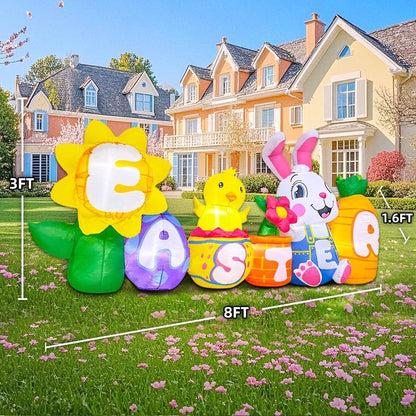 KOOY 8FT Long Easter Inflatables Bunny Outdoor Decorations with Egg Chick Carrot and Sunflower, Built-in LED Lights Easter Blow Up Yard Decorations for Lawn Garden Holiday Party