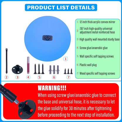 12" HD Frameless Acrylic Convex Mirror - 180 ° adjustable wide-angle field of view-Angle View for Indoor/Outdoor Security, Eliminating Blind Spots in Garages, Warehouses, Office,Driveways & Stores