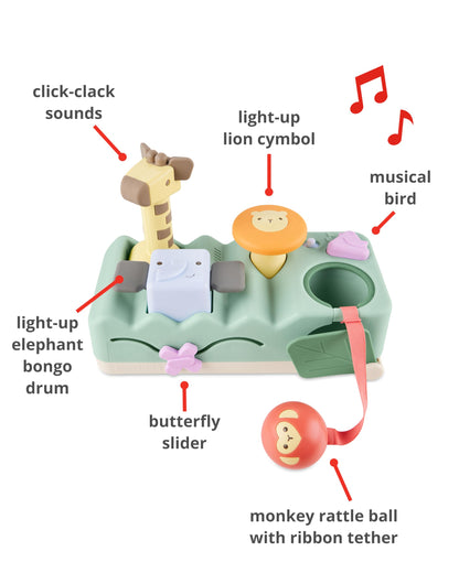 Skip Hop Tummy Time & Seated Play Cause & Effect Developmental Musical Baby Toy with 12 Animal Sounds, Lights, Music and 6 Activities, Geometric Wonders 2-in-1 Pounding Bench, Age 3m+