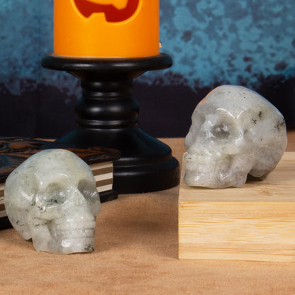 Labradorite Crystal Skull, 1.4 Inch Miniature Hand Carved Reiki Healing Pocket Stone, Small Collectible Skull Figurine for Altar Home Office Decor, Crystal Statue Meditation Gift for Men Women