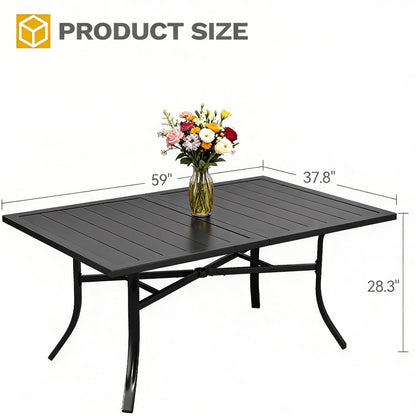 DWVO Patio Dining Table for 6, 59" Rectangular Black Outdoor Dining Table with Umbrella Hole, Heavy Duty Metal Outdoor Patio Table for Garden Backyard Lawn, Weatherproof E-Coating Finish