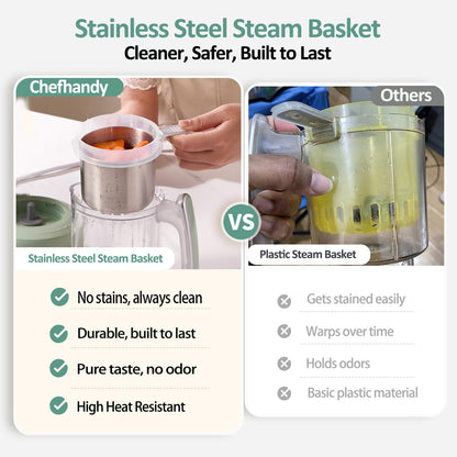 Chefhandy Baby Food Maker with Stainless Steel Steam Basket | 5-in-1 Baby Food Processor, Steamer & Blender for Homemade Baby Food, BPA-Free, 6 Reusable Pouches, Ideal for Newborns & Infants, Green
