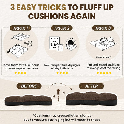 downluxe Indoor Chair Cushions for Dining Chairs, Tufted Overstuffed Textured Foam Kitchen Chair Pads with Ties and Non-Slip Backing, 15.5" x 15.5" x 4", Brown, 4 Pack