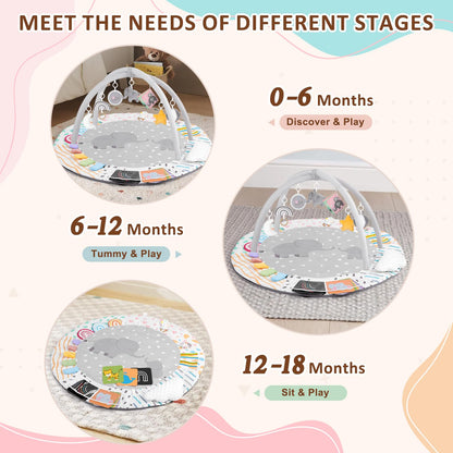 Baby Play Gym & Activity Mat, Tummy Time Mat with Cloud Toy, 7 Detachable Sensory Toys and Educational Cards for Motor Skills & Sensory Development, Baby Essentials Shower Gift, Grey Elephant