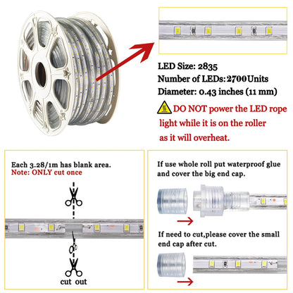 SURNIE 150ft Flat Outdoor Rope Lights Waterproof: 110V Cool Warm White LED Strip Light - Cuttable Connectable Lights for Deck Patio Stairs Backyards Commercial Decor Lighting, Not Tube Rope