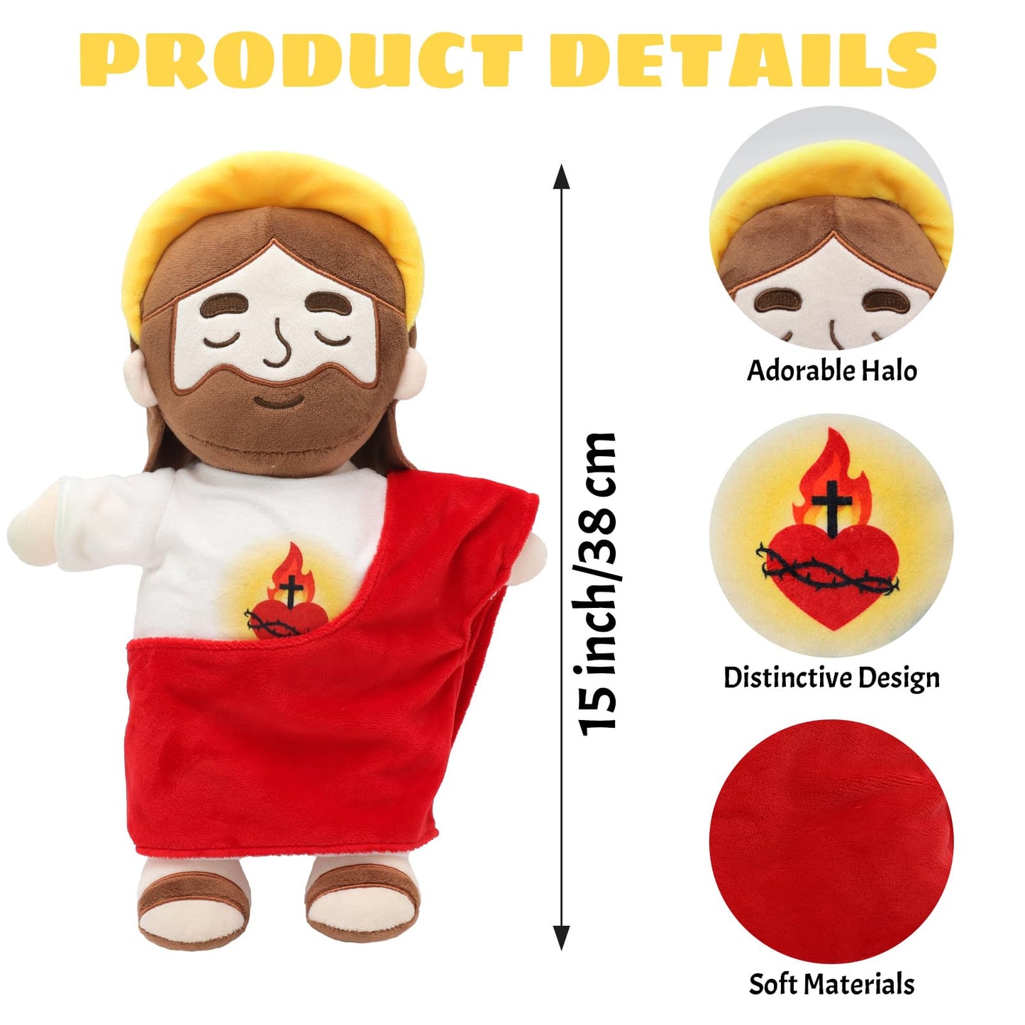 Yelakey Soothing Jesus Plush Toys with Light & Sound, 15" Jesus Stuffed Breathing Plushy Doll, Christian Catholic Religious Plushie Christmas Easter Gifts for Kids Baby (Red)
