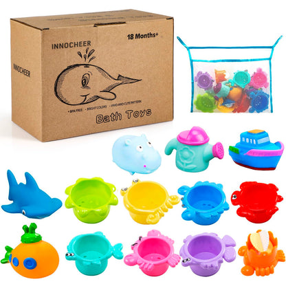 INNOCHEER Baby Bath Toys for Toddlers, Water Table Toys with Mold Free Stacking Cups, Quick Dry Organizer Net, 13 Pcs Bathtub Game, Beach and Pool Party