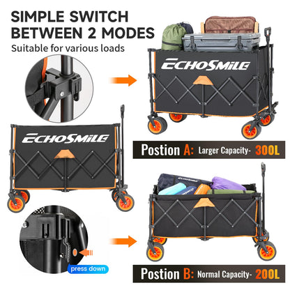 EchoSmile Collapsible Foldable Extended Wagon with 500Lbs Weight Capacity, 300L Folding Utility Wagon Cart with Big All-Terrain Wheels for Beach,Sport,Garden&Grocery (Black&Orange)