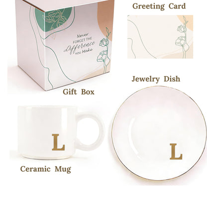 RainVibe Elegant Gift Set for Women – Personalized Monogram Ceramic Mug & Jewelry Tray – 12 oz Gold-Initial Coffee Cup with Gift Box, 4.75" Decorative Dish for Rings, Earrings, Keys (Letter L)