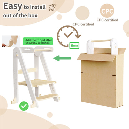 Kids Kitchen Step Stool, Foldable Toddler Tower, Height Adjustable Toddler Standing Tower with Safty Rail and Anti-Slip Device, Wooden Stool for 1.5-6 Years (Wood Color-White)