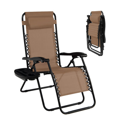 Renatone Folding Zero Gravity Reclining Textilene Lounge Chairs, Outdoor Adjustable Patio w/Pillows & Cup Holder Trays for Backyard, Beach, Poolside (BE)