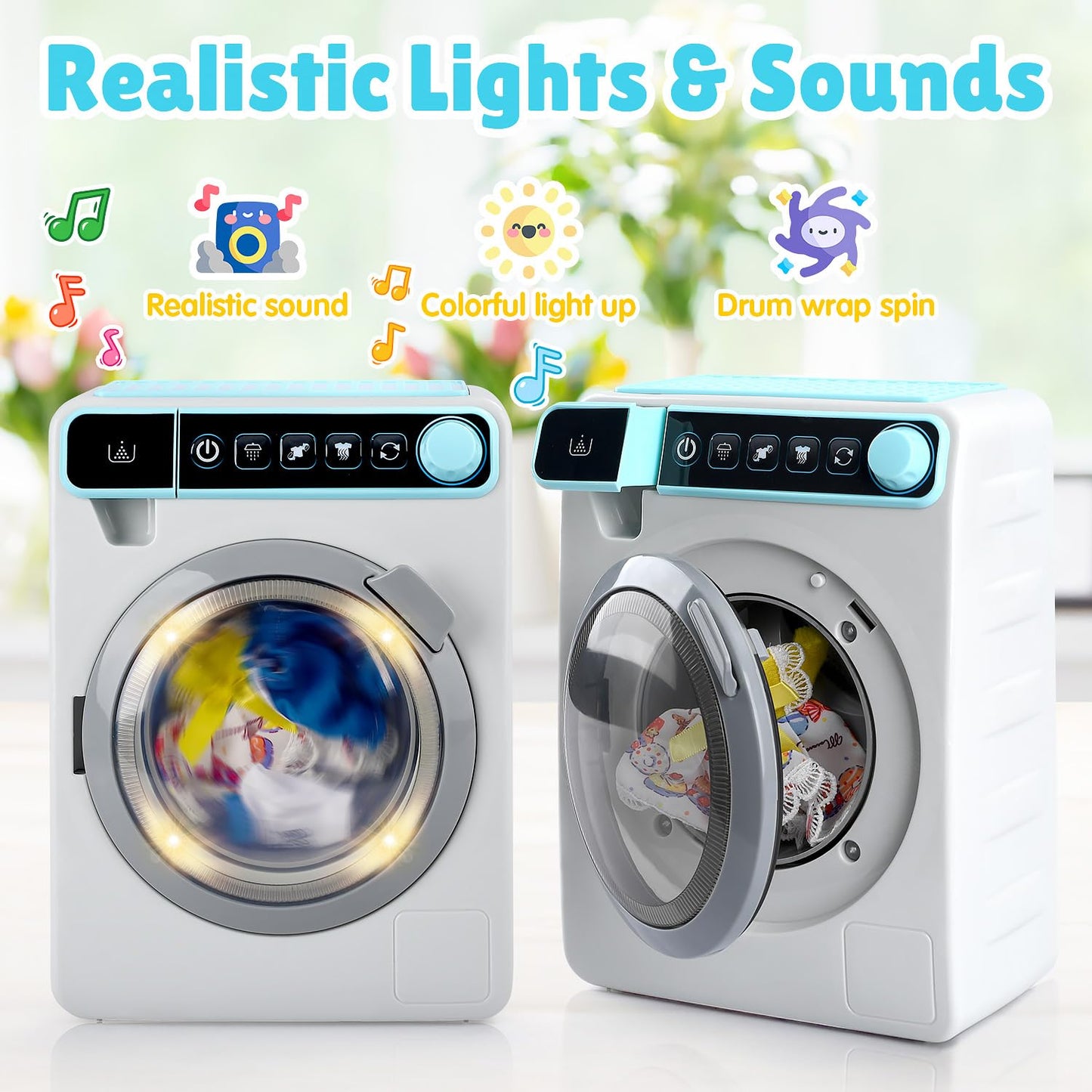 Kids Toy Washing Machine, Realistic Pretend Play Appliance for Girls, Interactive Toy Dollhouse Furniture, Play Washer and Dryer Playset with Spinning Drum, Light & Sound Effects, Laundry Basket Set