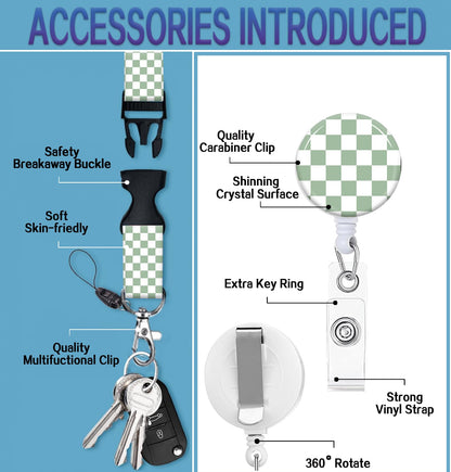 ID Badge Holder with Retractable Lanyard and Keychain, Badge Reel with Rotate Carabiner Clip,Cute Green Checkered Card Name Tag Lanyard ID Protector Bage Clips for Student, Women, Office