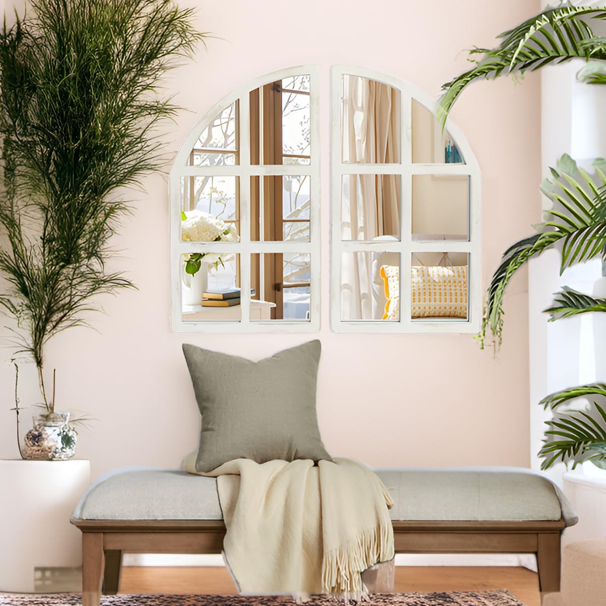 FLORA Farmhouse Mirror, Arch Window Wall Mirror for Kitchen Bedroom Living Room Wall Decor, Set of 2