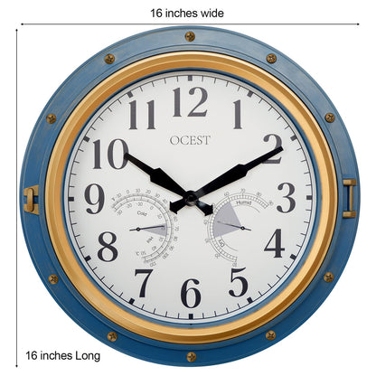 OCEST 16 Inch Indoor Outdoor Clock, Waterproof Wall Clock with Thermometer Hygrometer, Silent Non-Ticking Battery Operated Decor for Home Decor, Patio(Blue)