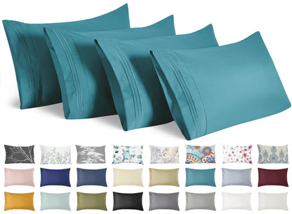 YIYEA Pillow Cases Standard Size Set of 4, Ultra Soft 1800TC Hotel Quality Double Brushed Microfiber Embroidered Pillowcases, Envelope Closure, Fade Resistant (20"x26", Teal)