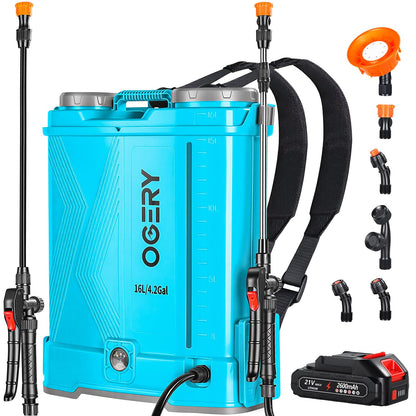 OGERY Battery Powered Backpack Sprayer 4 Gallon, 2.6Ah 21V Battery Electric Sprayer with 6 Nozzles, Telescopic Stainless Steel + Plastic Wand for Lawn Garden Weed Yard Cleaning (Charger Included)