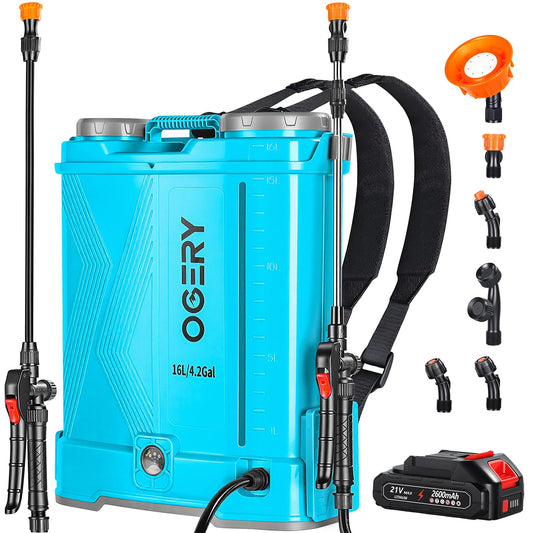 OGERY Battery Powered Backpack Sprayer 4 Gallon, 2.6Ah 21V Battery Electric Sprayer with 6 Nozzles, Telescopic Stainless Steel + Plastic Wand for Lawn Garden Weed Yard Cleaning (Charger Included)