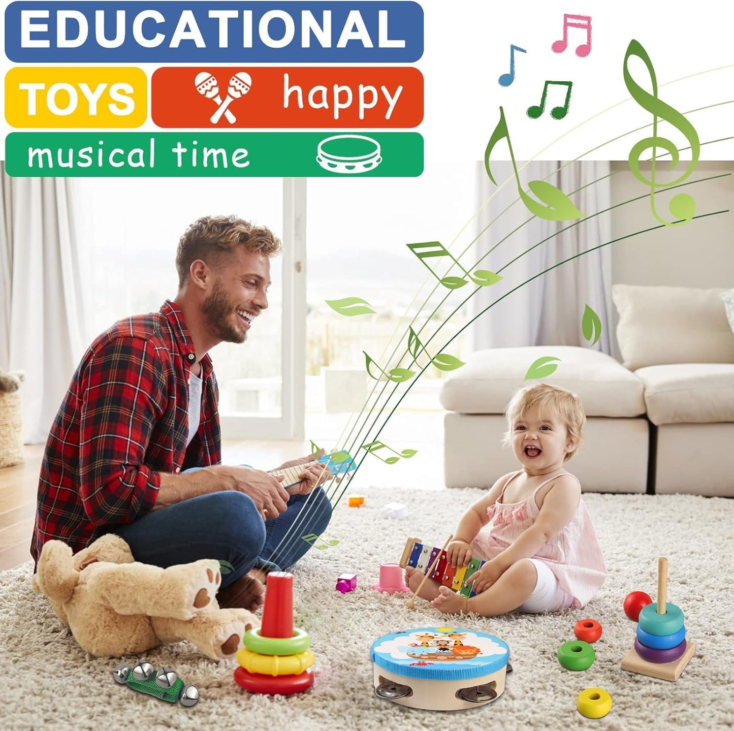 LOOIKOOS Toddler Musical Instruments,Wooden Percussion Instruments for Kids Preschool Educational Musical Toys Set Boys and Girls with Carrying Bag
