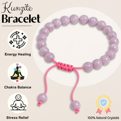 Amazing Gemstone Kunzite Bracelet, Gifts For Men & Women - Protection Healing Crystal Bracelet - 8mm Gemstone Beaded Adjustable Bracelet, Pulseras Para Hombres Mujer Stocking Stuffers