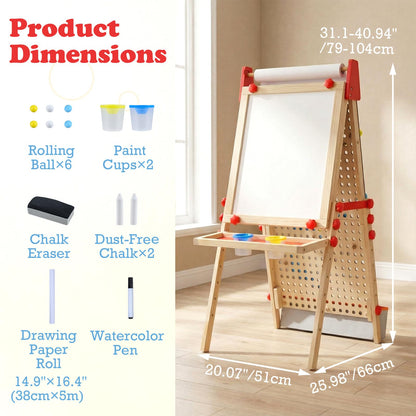 OLAKIDS 4 in 1 Easel for Kids with Marble Run, Magnetic Whiteboard, Chalkboard, Drawing Paper Roll, 6-Level Adjustable Height for Toddlers Ages 3-10