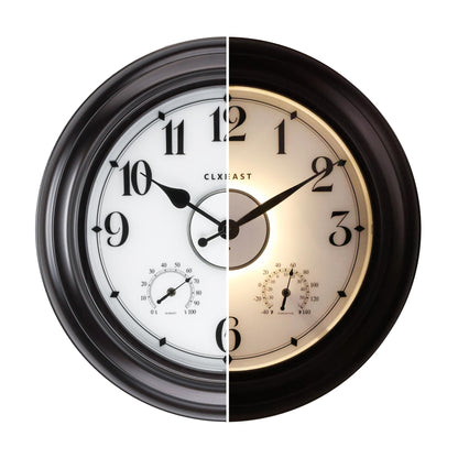 CLXEAST 24 Inch LED Self-Illuminated Outdoor Metal Clocks Waterproof, Large Lighted Outdoor Clock with Temperature and Humidity,Oil Rubbed Bronze Black,Spring Garden Decor