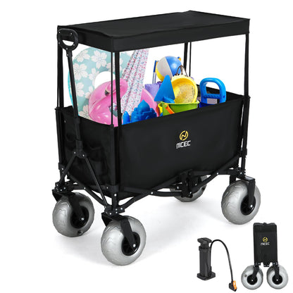 Nice C Beach Wagon with Canopy, Beach Cart with Ballon Wheels for Sand, 9'' Big Sand Wheels, 220 lb Capacity, Adjustable Handle, for Camping, Groceries