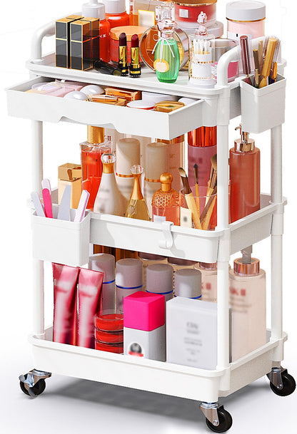 SUNALLY Makeup Cart Organizer with Drawers, Floor Skincare Organizers Vanity Storage Organizer, Rolling Makeup Bathroom Storage Cart Cosmetics Display Cases for Skin Care Perfume Nail Polish, White