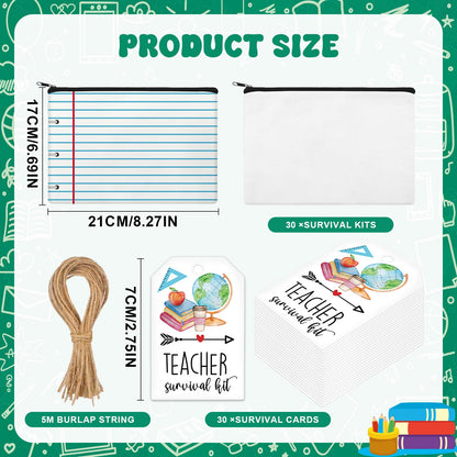 30 Set Teacher Survival Kit Supplies Includ Makeup Bag Card and Hemp Rope Appreciation Gifts for Teachers' Day Valentine's Day Back to School and First Day of School